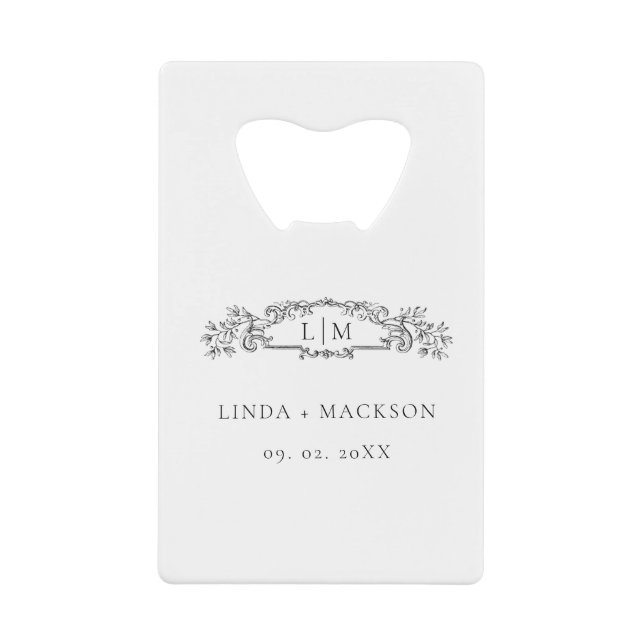 Elegant & Chic botanical crest monogram wedding Credit Card Bottle Opener (Front)
