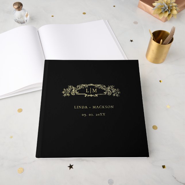 Elegant & Chic botanical crest monogram wedding Foil Guest Book (Front Open)