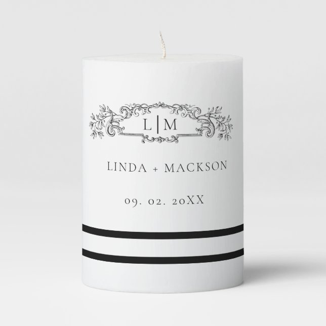 Elegant & Chic botanical crest monogram wedding Pillar Candle (Front)