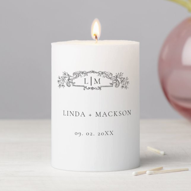 Elegant & Chic botanical crest monogram wedding Pillar Candle (In Situ)