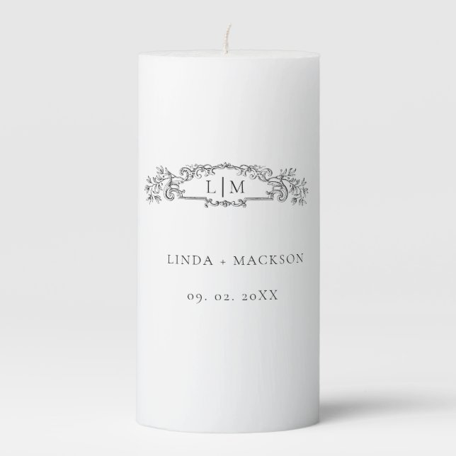 Elegant & Chic botanical crest monogram wedding Pillar Candle (Front)