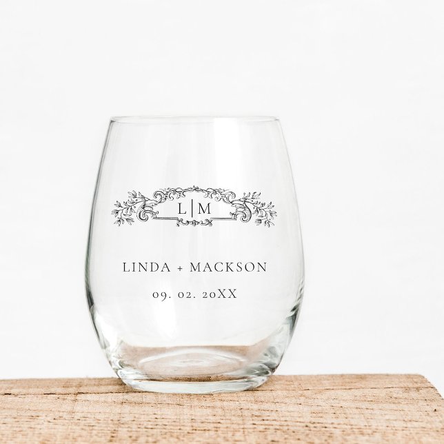 Elegant & Chic botanical crest monogram wedding Stemless Wine Glass (Creator Uploaded)