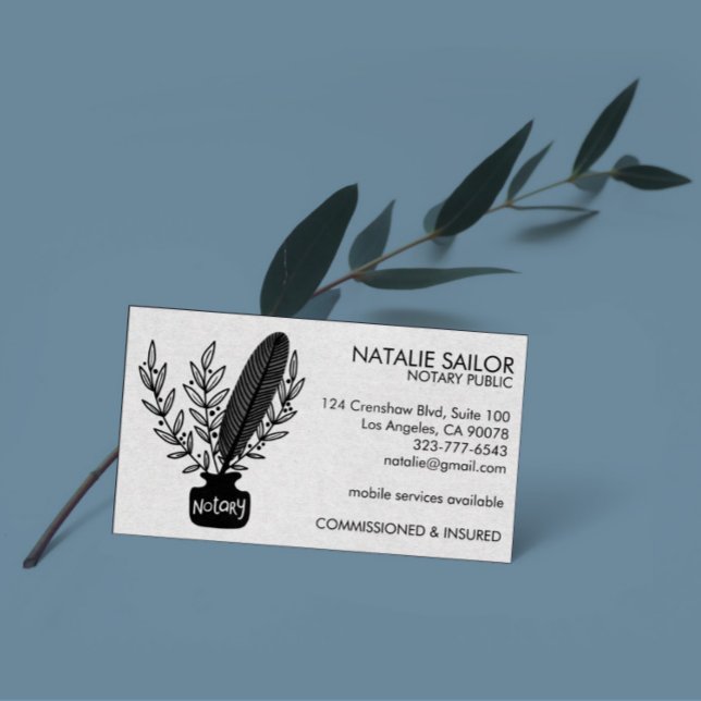 Elegant Chic Botanical Quill Logo Notary Public  Business Card (Creator Uploaded)