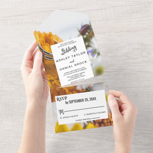 Elegant chic botanical sunflower floral Wedding Al All In One Invitation