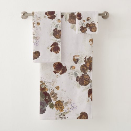 Elegant Chic Brown Beige Roses Floral Toile Bath Towel Set