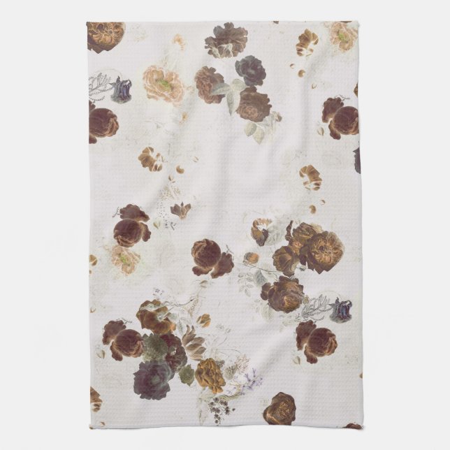 Elegant Chic Brown Beige Roses Floral Toile  Kitchen Towel (Vertical)