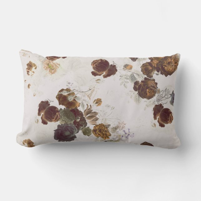 Elegant Chic Brown Beige Roses Floral Toile  Lumbar Pillow (Front)