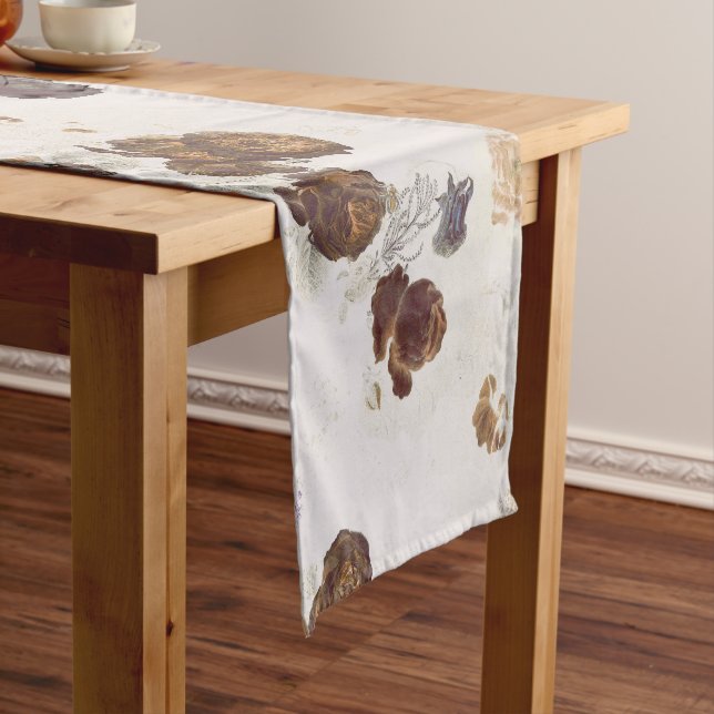 Elegant Chic Brown Beige Roses Floral Toile  Short Table Runner (In Situ)