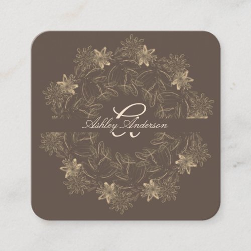 Elegant Chic Brown Gold Floral Script Monogram Square Business Card