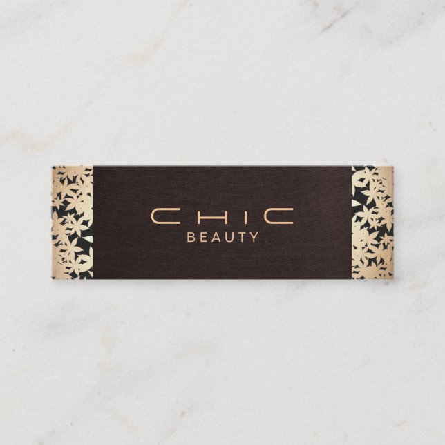 Elegant Chic Brown Linen and Gold Leaf Look 2 Mini Business Card (Front)