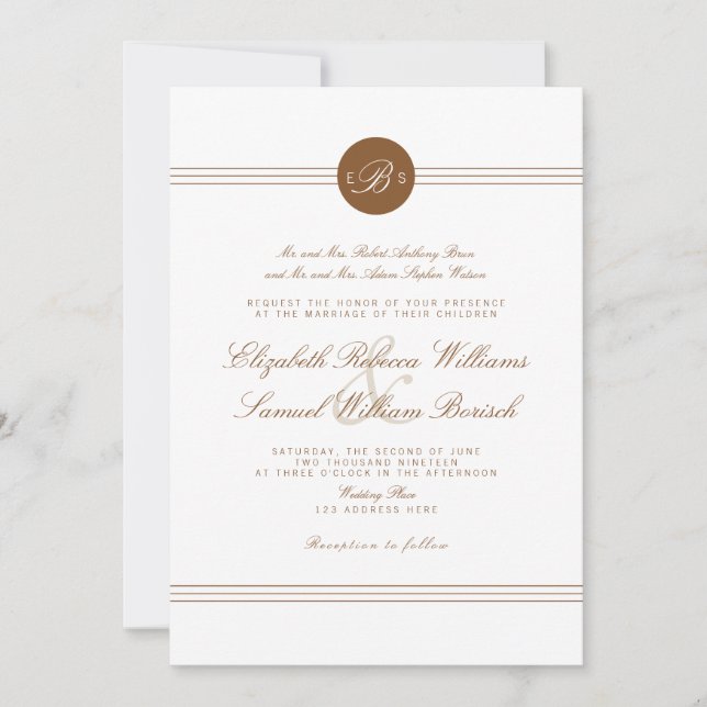 Elegant Chic Brown White Monogram Wedding Invite (Front)