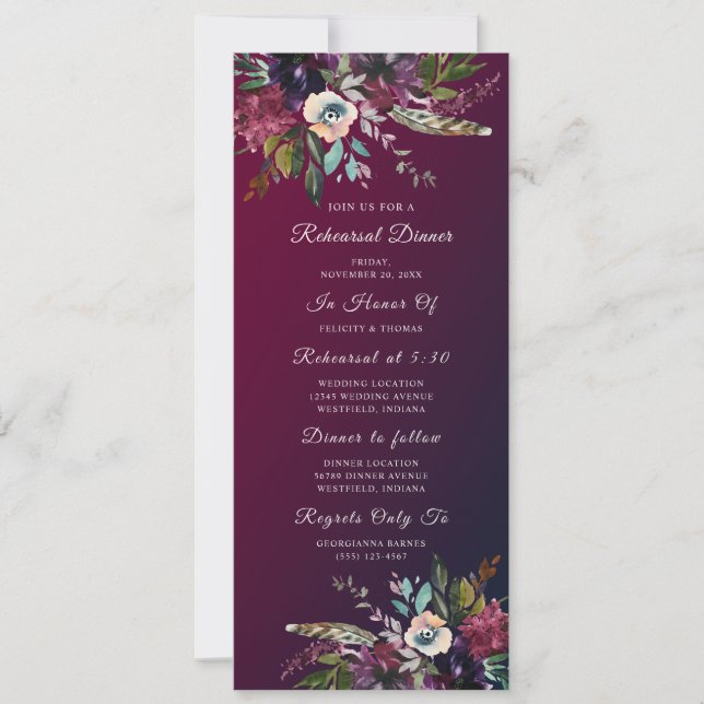 Elegant Chic Burgundy Floral Rehearsal Dinner Invitation (Front)