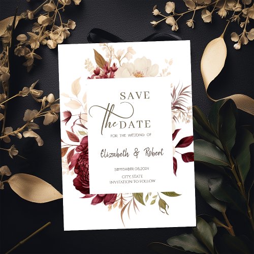 Elegant Chic Burgundy  Flowers Save The Date