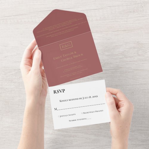 Elegant Chic Burgundy Gold Modern Simple Wedding All In One Invitation