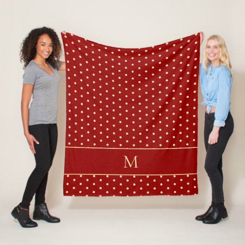 Elegant Chic Burgundy Gold Polka Dot Monogram Fleece Blanket