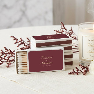 Elegant Chic Burgundy Gold Script Simple Wedding Matchboxes