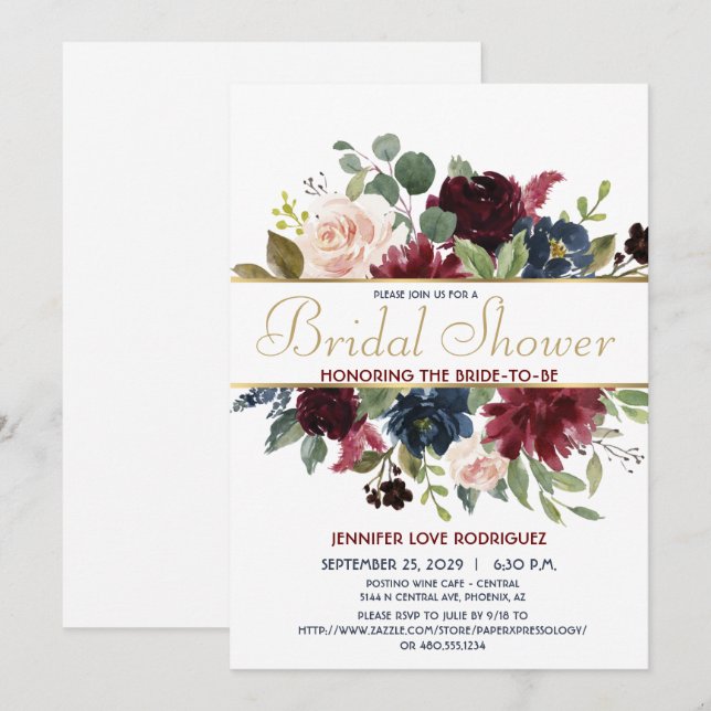 Elegant Chic Burgundy Navy Floral Blooms with Gold Invitation (Front/Back)