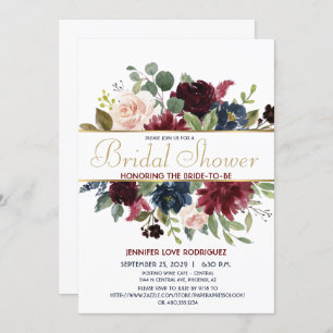 Elegant Chic Burgundy Navy Floral Blooms with Gold Invitation