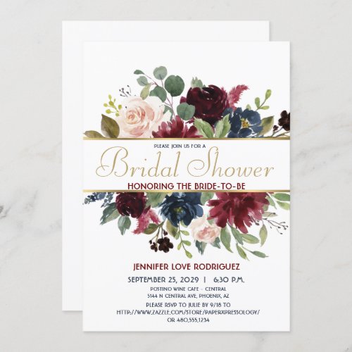 Elegant Chic Burgundy Navy Floral Blooms with Gold Invitation