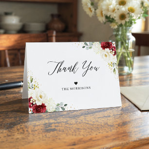 Elegant Chic Burgundy Red White Floral Wedding Letterpress Thank You Card