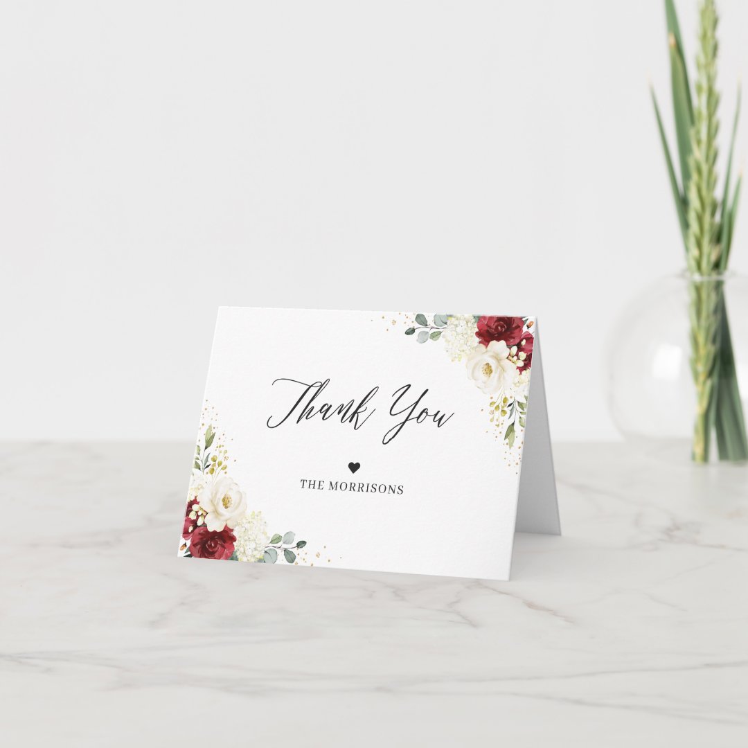 Elegant Chic Burgundy Red White Floral Wedding Thank You Card | Zazzle