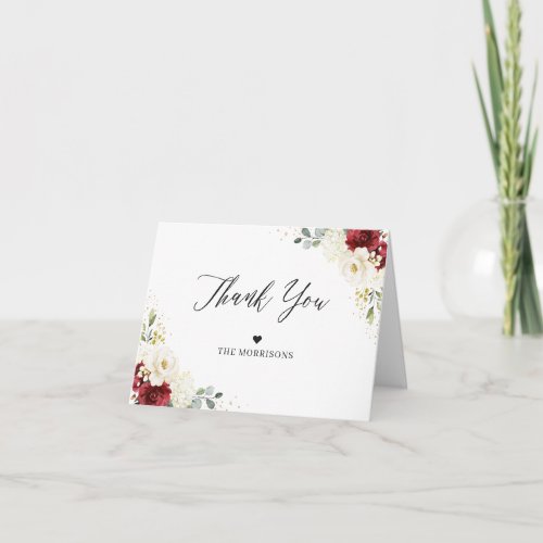 Elegant Chic Burgundy Red White Floral Wedding Thank You Card