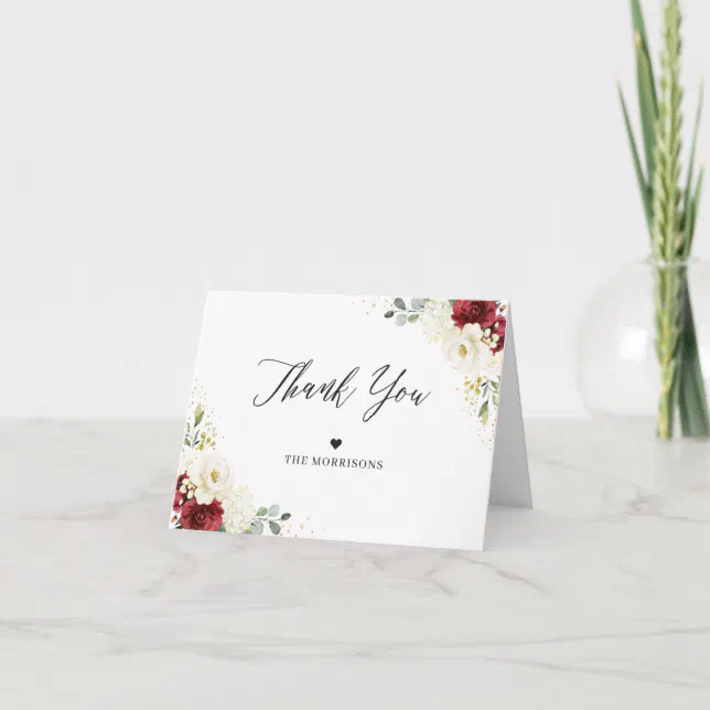 Elegant Chic Burgundy Red White Floral Wedding Thank You Card 