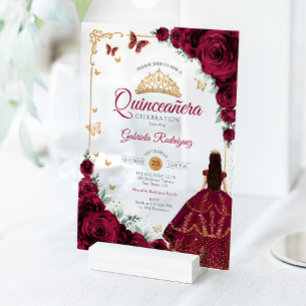 Elegant Chic Burgundy Roses Gold Quinceanera  Acrylic Invitations