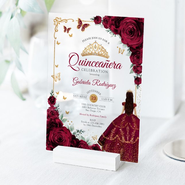 Elegant Chic Burgundy Roses Gold Quinceanera  Acrylic Invitations (Creator Uploaded)