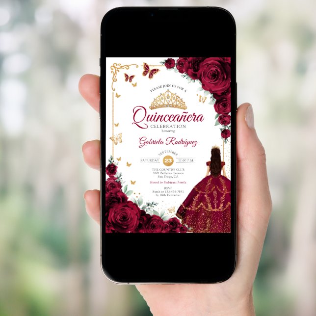 Elegant Chic Burgundy Roses Gold Quinceanera Invitation (Front Digital)
