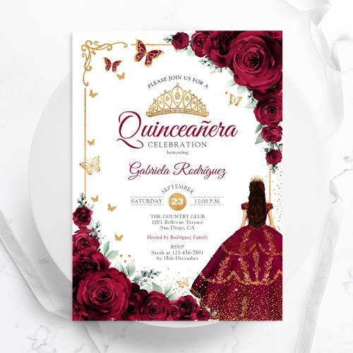 Elegant Chic Burgundy Roses Gold Quinceanera Invitation