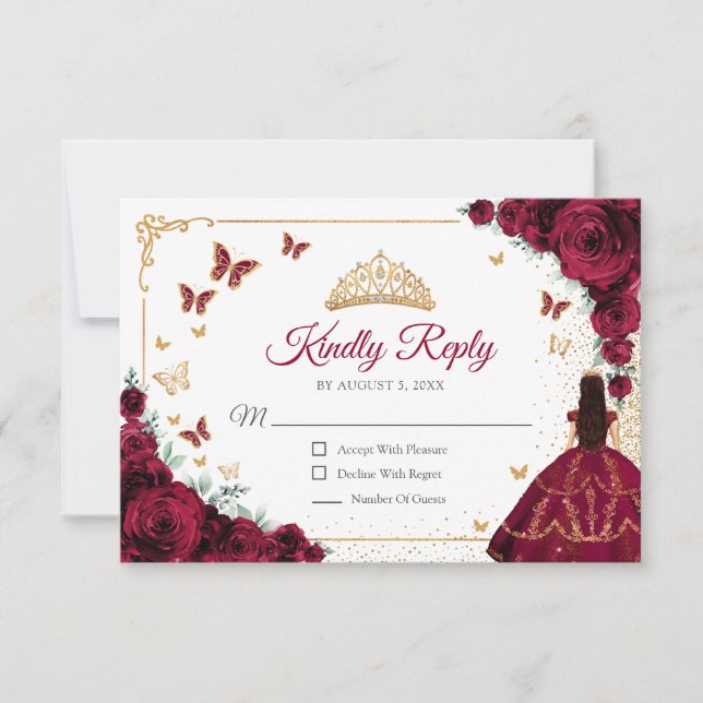Elegant Chic Burgundy Roses Gold Quinceanera Reply RSVP Card (Front)