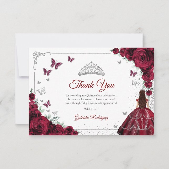 Elegant Chic Burgundy Roses Silver Quinceanera Thank You Card (Front)