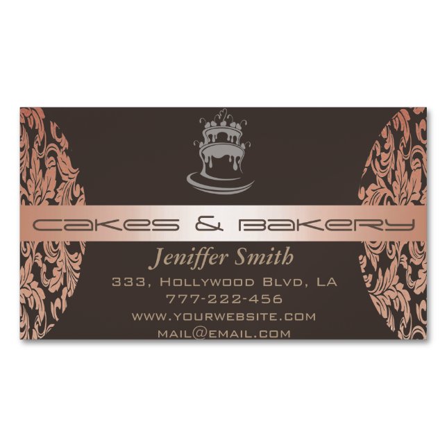 Elegant chic cakes & bakery modern damask magnetic business card (Front)