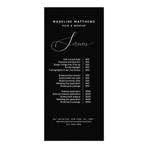 Elegant Chic Calligraphy Black Salon Price List Rack Card