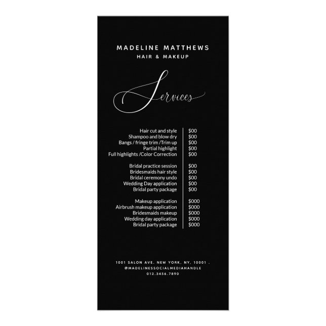 Elegant Chic Calligraphy Black Salon Price List Rack Card (Front)