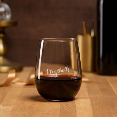 Elegant Chic Calligraphy Script Monogrammed Etched Stemless Wine Glass