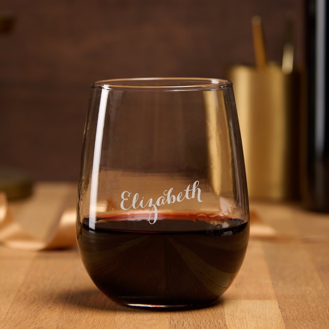 Elegant Chic Calligraphy Script Monogrammed Etched Stemless Wine Glass (Elegant Chic Calligraphy Script Monogrammed Etched Stemless Wine Glass)