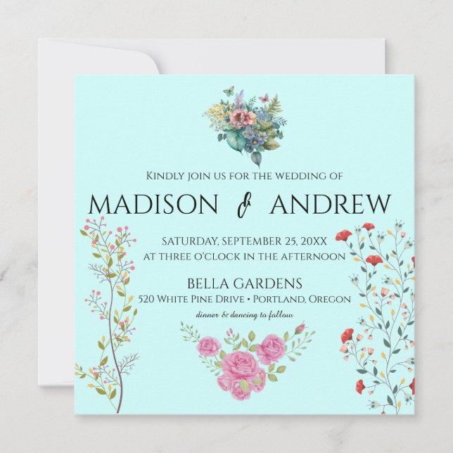 Elegant Chic Calligraphy Watercolor Blue Floral Invitation (Front)