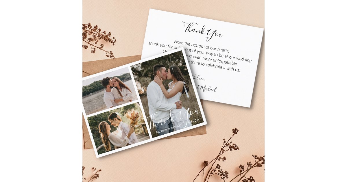 elegant chic calligraphy wedding 3 photos collage thank you card | Zazzle