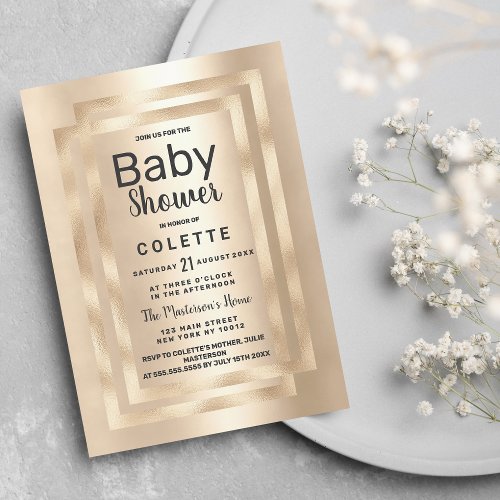 Elegant Chic Champagne Gold Glamour Baby Shower Invitation