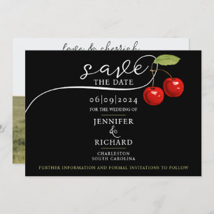 Elegant Chic Cherries Red Black Photo Calligraphy  Save The Date