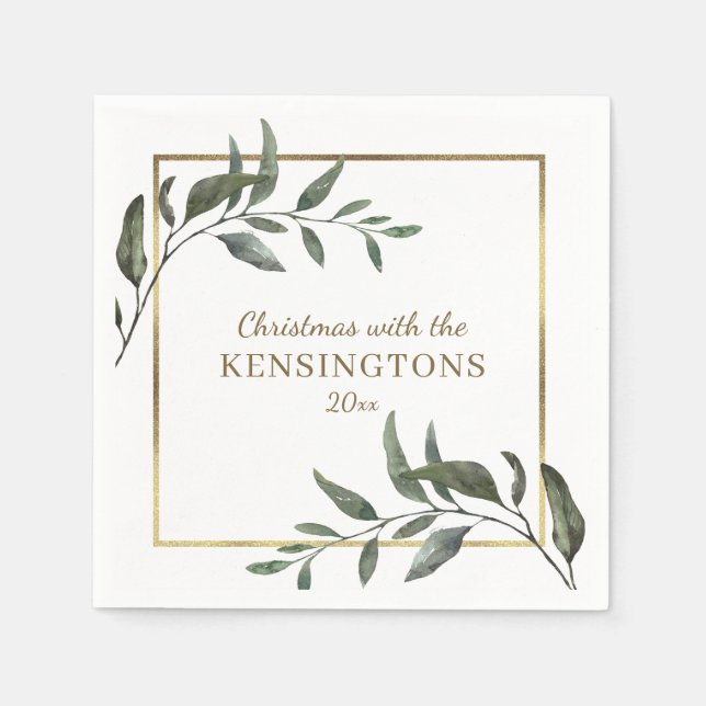 Elegant Chic Christmas Gold Foil Greenery Napkins (Front)
