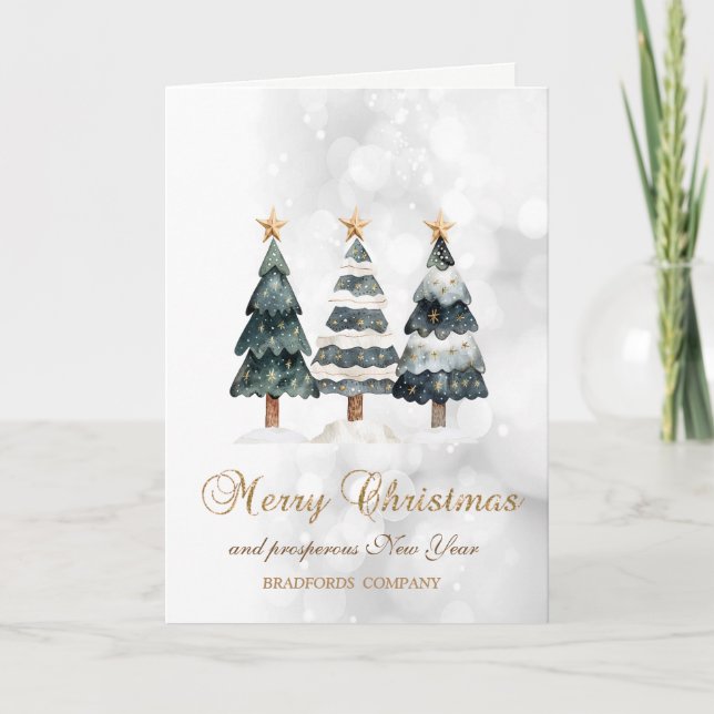 Elegant Chic Christmas Trees ,Bokeh Company Holiday Card (Front)