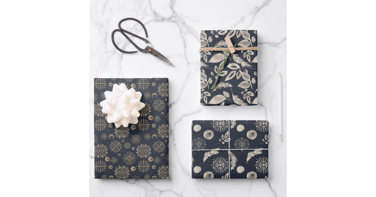 Modern Elegant Black White and Gold Floral Pattern Wrapping Paper, Zazzle