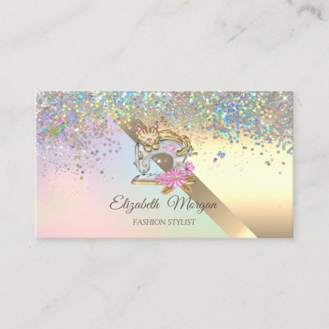 Elegant Chic  Confetti Sewing Machine Cat Business Card (Front)