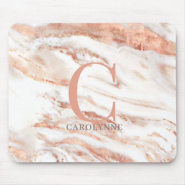 Elegant Chic Copper Rose Gold Marble Monogram Mouse Pad (Front)
