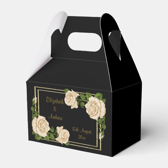 Elegant Chic Corner Ivory Roses Bouquets Wedding Favor Boxes (Front Side)