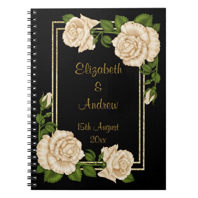 Elegant Chic Corner Ivory Roses Bouquets Wedding Notebook (Front)
