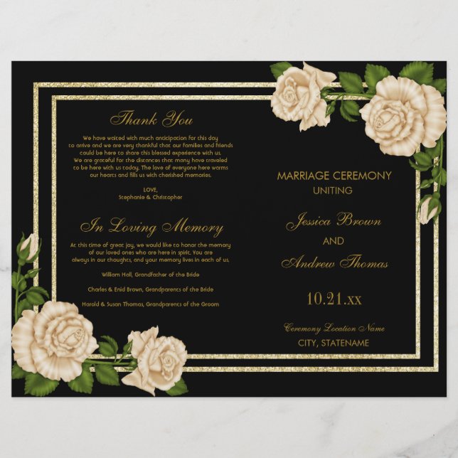 Elegant Chic Corner Ivory Roses Wedding Program (Front)